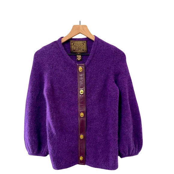 Coach Sweaters - Coach Royal Purple & Gold Mohair Merino Wool Leather Cardigan Sweater Size Large